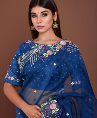 TEAL BLUE ORGANZA SAREE WITH SILK BLOUSE