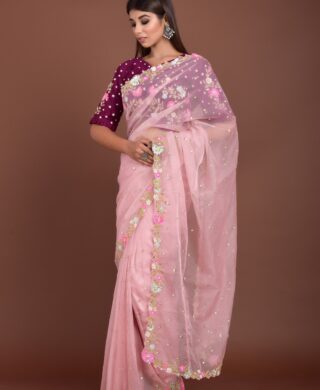 ONION PINK ORGANZA SAREE WITH COLOR SEQUENCE WORK