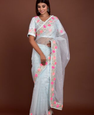 ORGANZA SAREE CHIFFON FLOWER APPLIC WORK