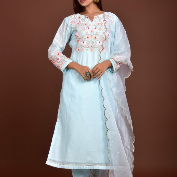 CHANDERI KURTA WITH ORGANZA DUPATTA SET