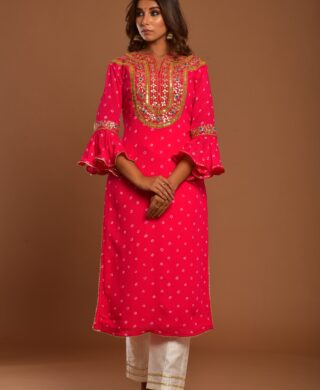 BANDHEJ KURTA WITH SILK PANT SET