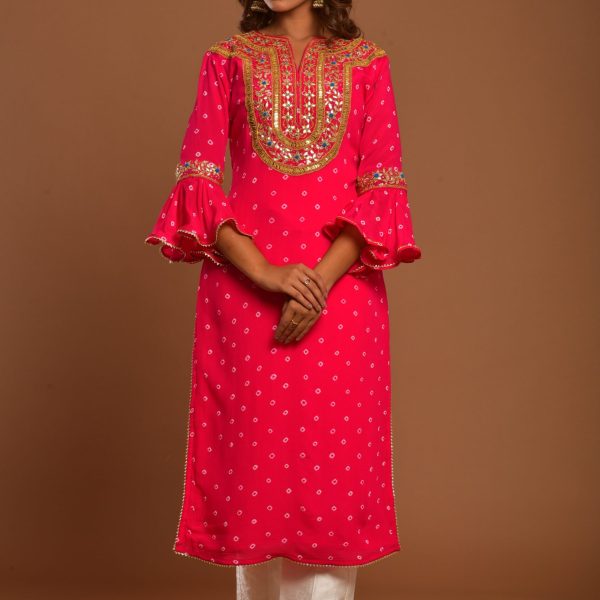 BANDHEJ KURTA WITH SILK PANT SET